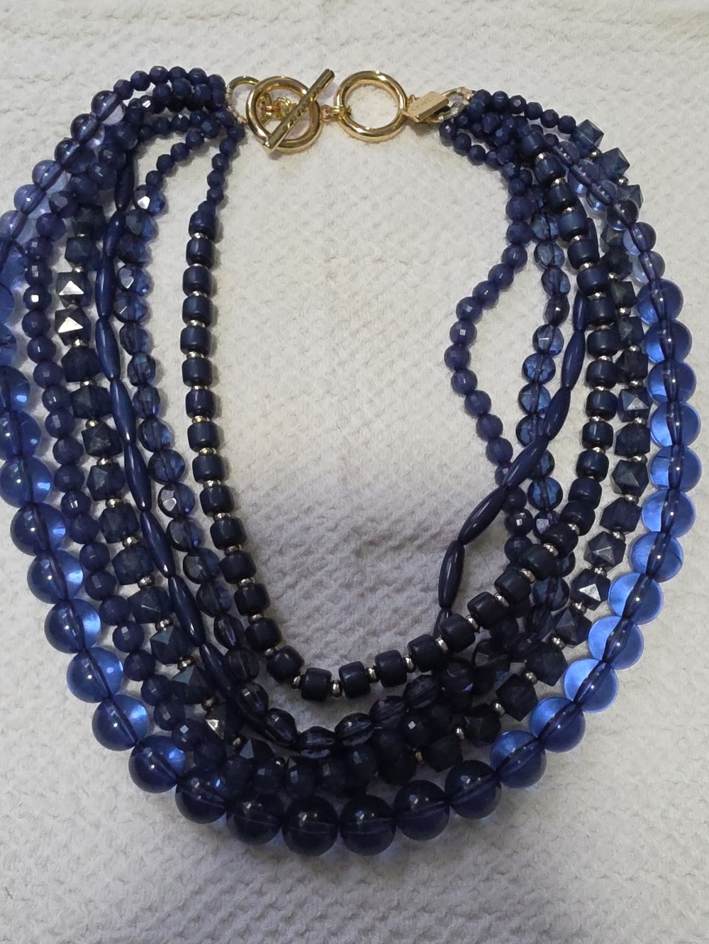 Navy Blue Multi-Strand Beaded Statement Necklace Gold Tone Toggle